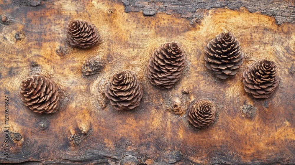 Poster pine cones arranged on weathered wooden surface with natural textures and patterns copy space