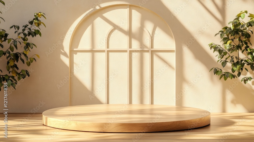 Poster modern minimalist stage with circular wooden platform and arch window shadow in bright indoor settin