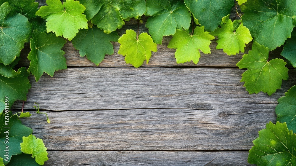 Poster green grape leaves frames on rustic wooden background with copy space for text or design elements.