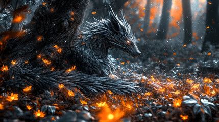A mythical creature resembling a mix of a wolf and a dragon resting beneath a tree made of shimmering silver leaves, glowing golden flowers scattered across the forest floor, magical atmosphere with s