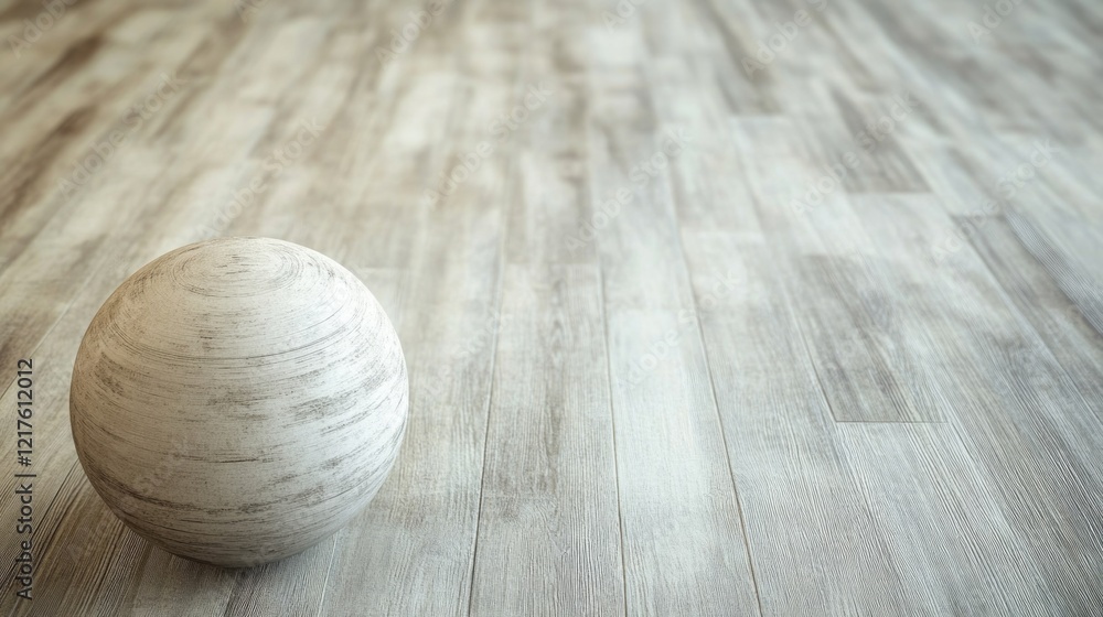 Poster wooden floor texture with a textured sphere object in the foreground featuring ample copy space for 