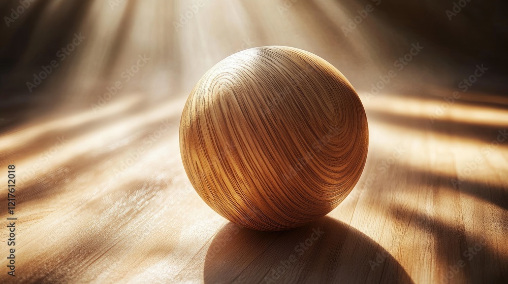 Poster wooden sphere on a textured wooden surface with soft rays of light illuminating the background and c
