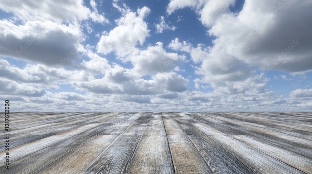 Poster expansive wooden floor with clear blue sky and clouds in the background featuring ample copy space f