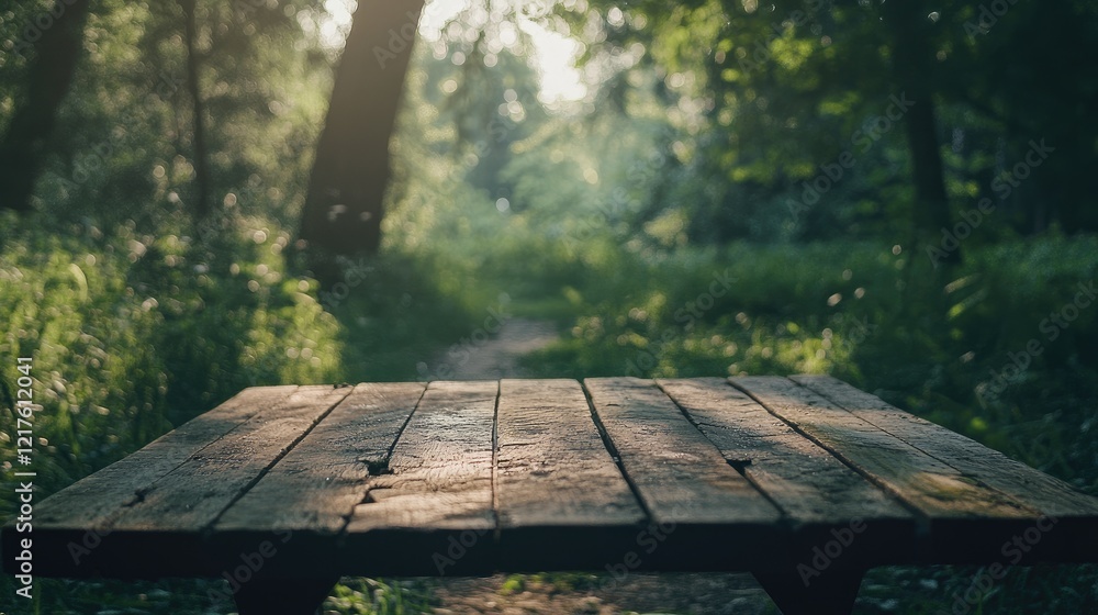 Poster wooden table in a forest clearing with sunlight filtering through trees and a pathway in the backgro