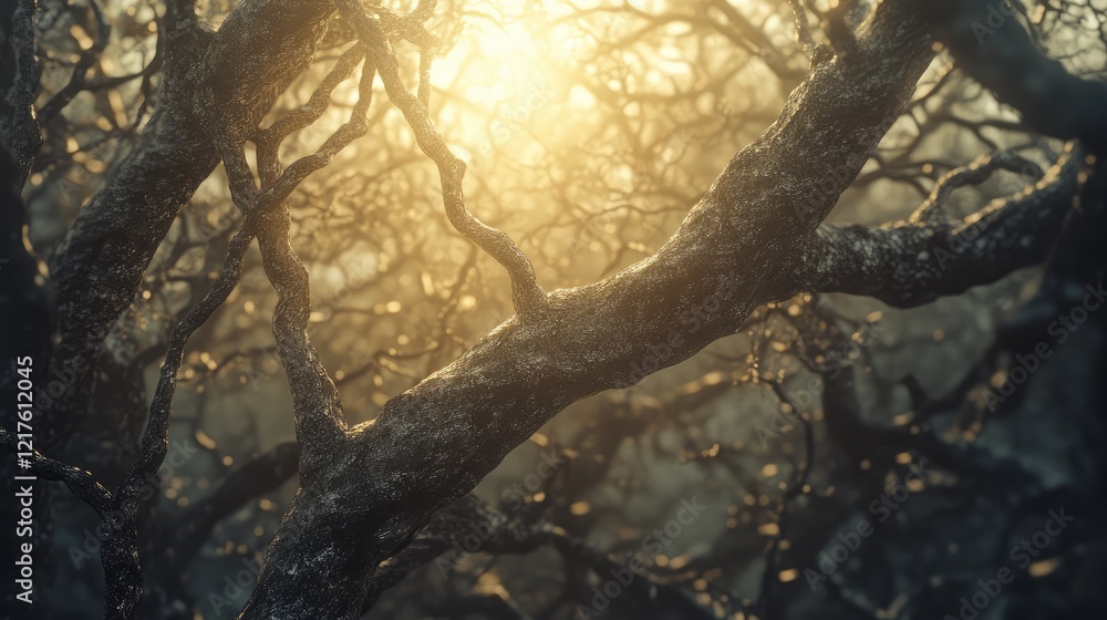 Poster misty forest with intricate tree branches illuminated by soft sunlight creating a tranquil atmospher