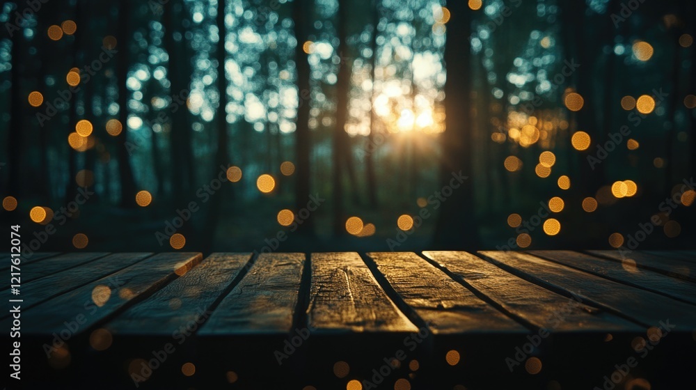 Poster wooden table in forest at sunset with bokeh effect and copy space for text placement