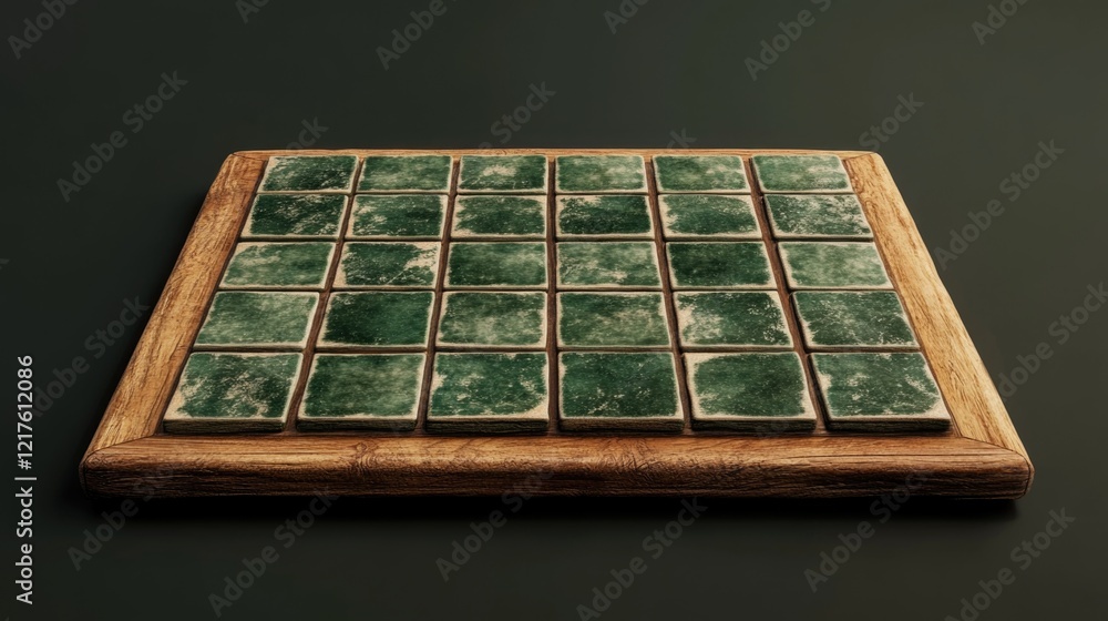 Poster wooden board with green marble tiles arranged in a grid pattern on a dark background copy space