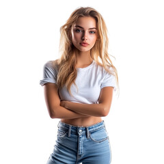 Fototapeta premium A young woman stands confidently in jeans and a transparent top against a bright transparent background, young pretty woman in jeans isolated on transparent background