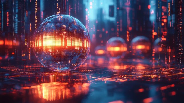 Sleek futuristic design features app loading interface glowing holographic progress bars and rotating digital sphere. Set against minimalist black background filled binary code. - Powered by Adobe