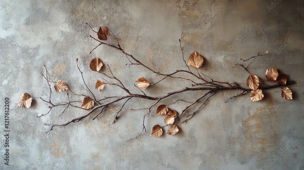 Aufkleber decorative branch with metallic leaves arranged on a textured wall background featuring neutral tone