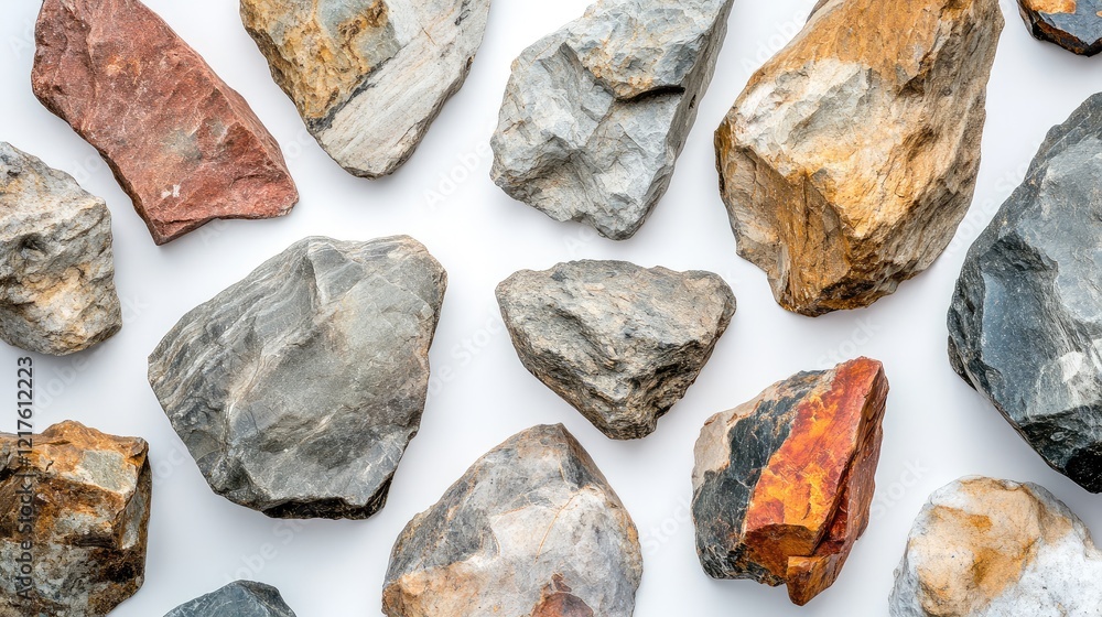 Poster natural collection of various types of rocks and stones arranged on a white background with copy spa