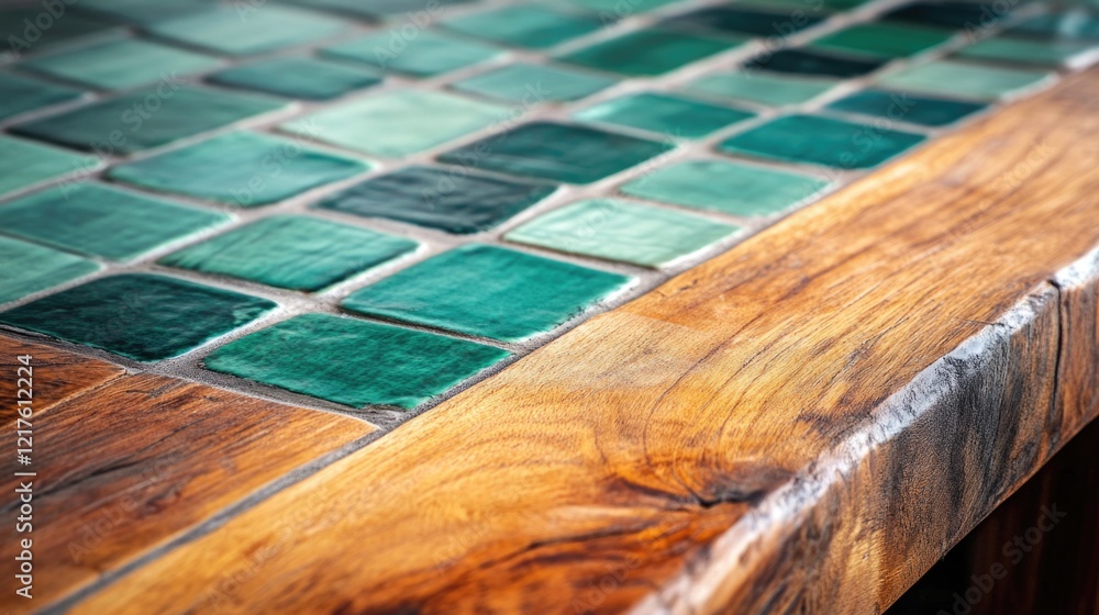 Poster close-up of a wooden table with a green tile mosaic surface and textured wood edges featuring copy s