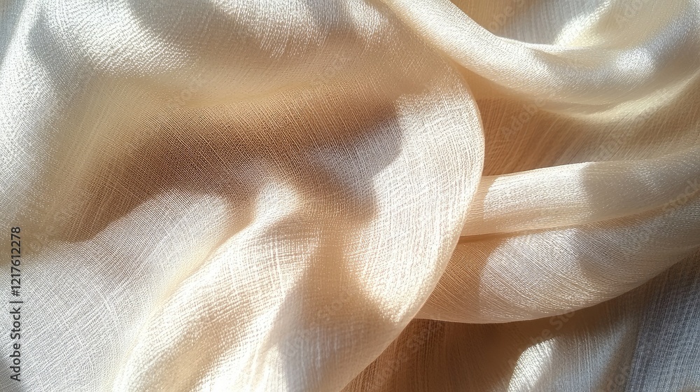 Poster light beige textured fabric draped elegantly with soft folds and shadows creating a layered appearan