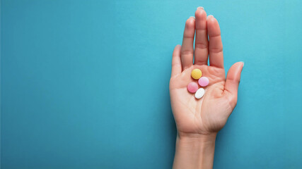 Female Hand Holding Pills Against a Colorful blue Background for Health and Wellness