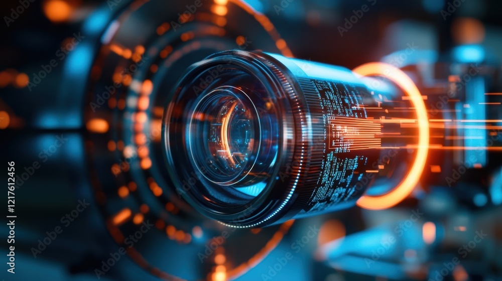 Poster closeup of a highdefinition camera lens capturing machinery in action with visual data feeds streami
