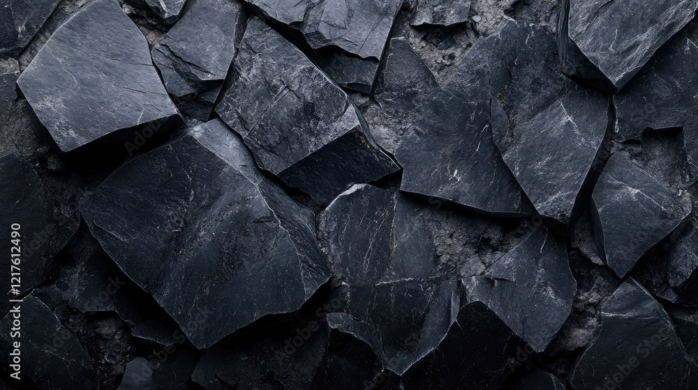 Poster textured black stone surface with irregularly shaped rock fragments providing a natural background w