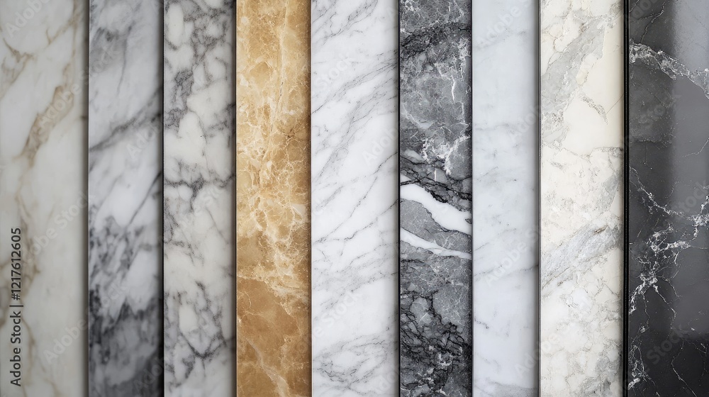 Poster marble texture samples collection in various colors and patterns for interior design with copy space