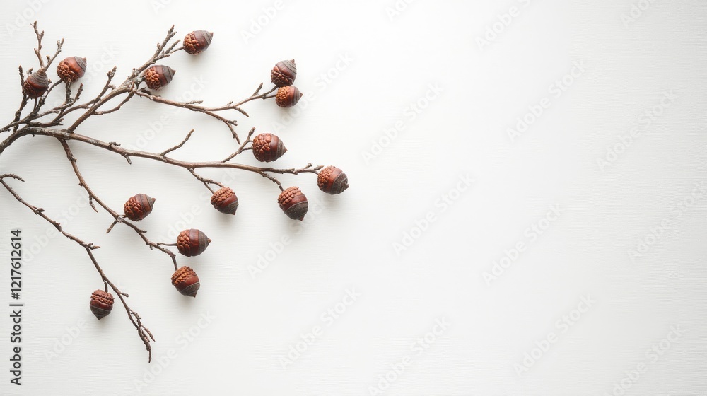 Poster branch with brown seed pods on white background with ample copy space for text inclusion.