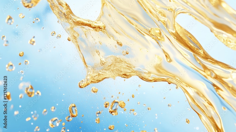 Poster golden liquid splash with droplets and bubbles against a blue background featuring ample copy space 