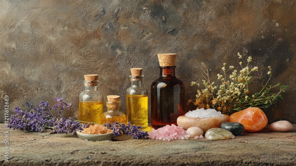 Poster bottles of essential oils and salts arranged with stones and dried flowers on rustic background with