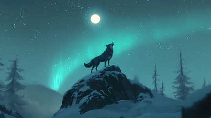 Majestic gray wolf stands atop snowcovered ridge head tilted skyward in haunting moonlit howl aurora borealis dancing in starlit sky. Moonlit Ridge. Illustration
