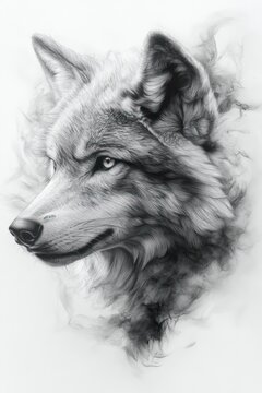 Majestic wolf head portrait in grayscale, smoky background.