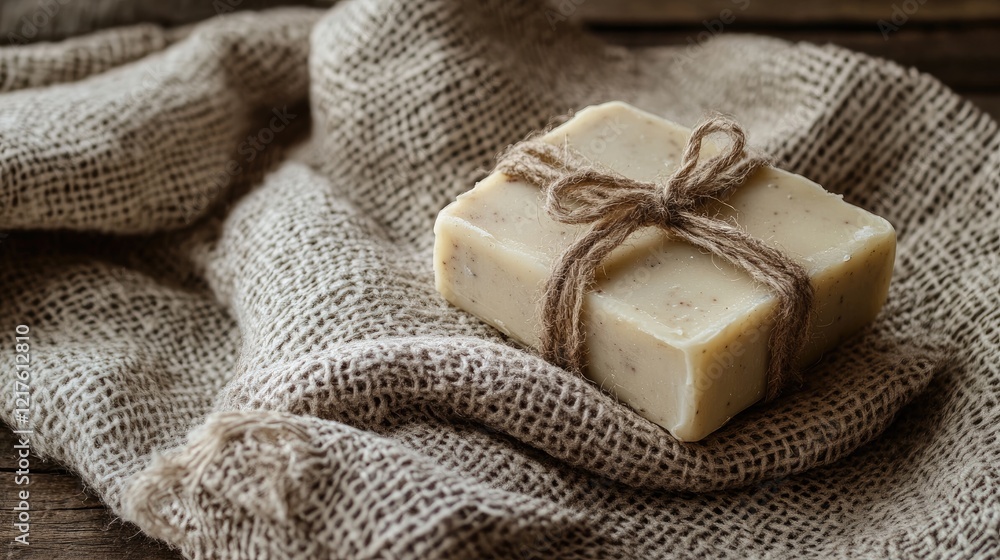 Aufkleber natural handmade soap tied with twine on rustic burlap fabric decorative background with copy space