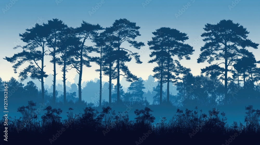 Poster silhouette of pine trees against a blue misty backdrop with copy space for text placement.