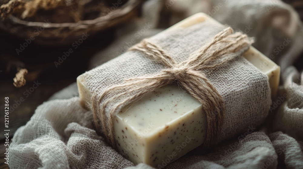 Poster handmade natural soap wrapped in burlap twine on a textured linen surface with rustic decor elements