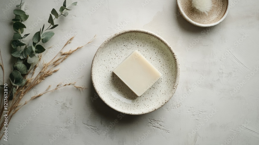 Aufkleber soap bar on textured ceramic plate with minimalistic background and greenery, copy space available f