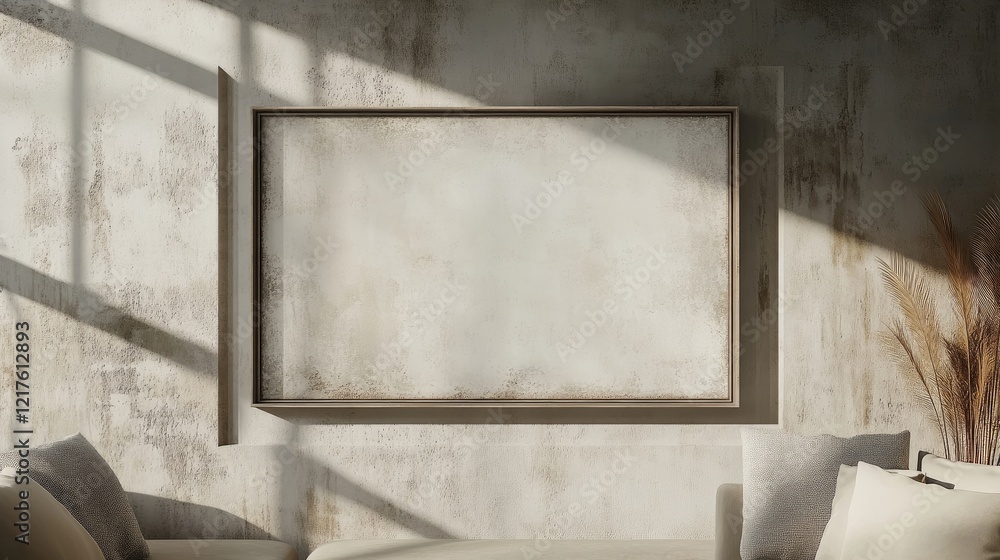 Poster empty picture frame on a textured wall with shadows and soft sunlight indoors showcasing copy space 
