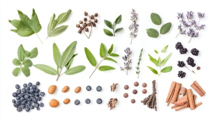 Assorted fresh herbs, berries, nuts, and spices laid out on a white background with ample copy space for text insertion.