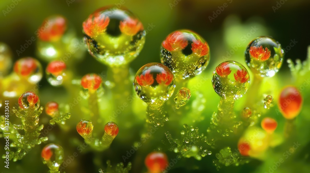 Poster close-up of moss with water droplets reflecting red tips on green background with copy space for tex