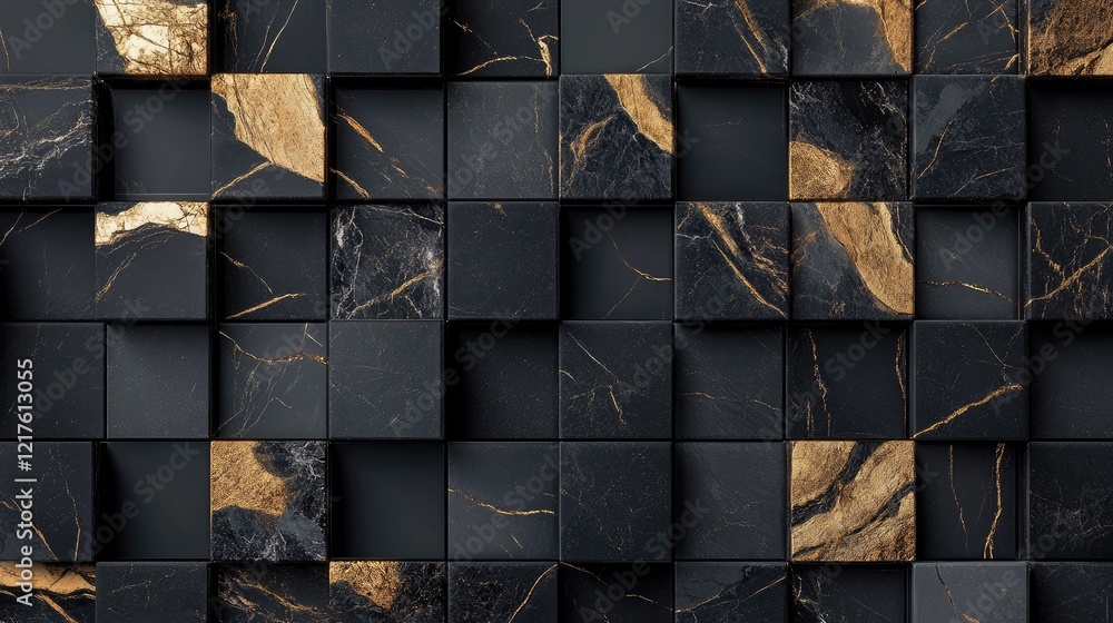 Poster black and gold marble tile pattern with three-dimensional effect and copy space for text placement