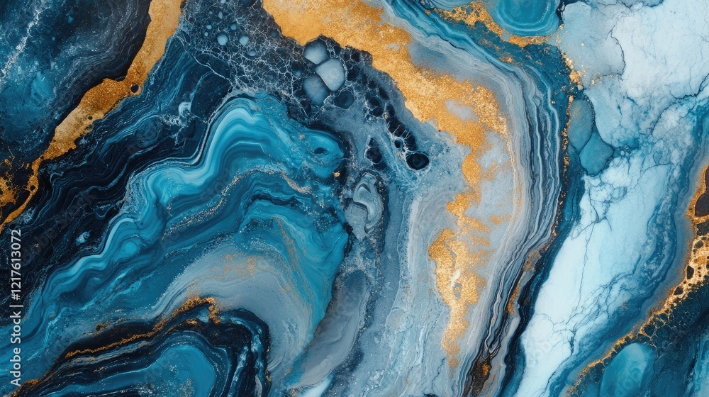 Aufkleber abstract blue and gold marbled texture with swirling patterns and copy space for design elements