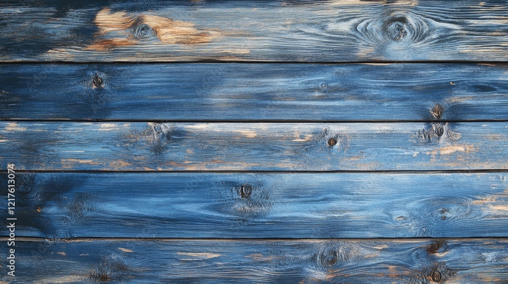 Poster blue wooden planks background with weathered texture and grain details providing ample copy space fo