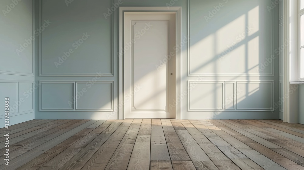Poster a large room with a white door and white walls. the room is empty and has a very clean and simple lo