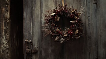 Dried flower wreath hanging on rustic wooden door with aged texture and natural colors Copy Space