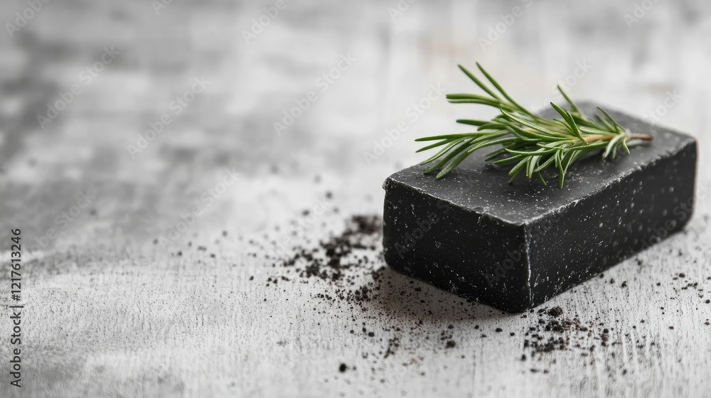 Poster black charcoal soap bar with rosemary sprig on rustic wooden background with copy space for text or 