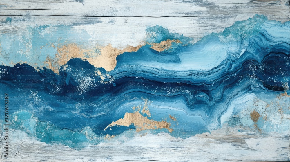 Poster abstract ocean waves in blue and gold tones on textured wooden background with copy space for text p