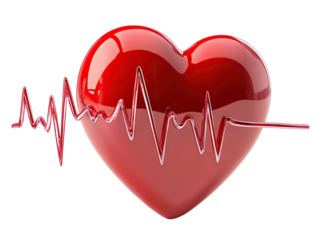 Glossy red heart with an electrocardiogram line, isolated on transparent cutout background