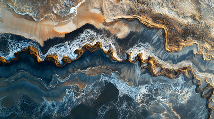 Aerial view of a rugged coastline with natural rock formations creating an abstract pattern in the ocean waves