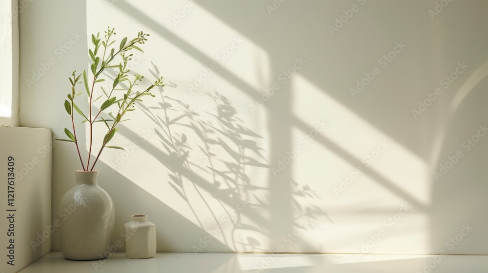 Leinwandbilder a vase with a plant in it sits on a table in front of a window. the sunlight casts a shadow on the w