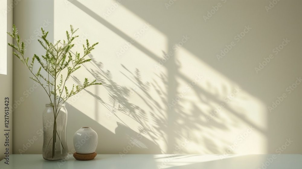 Poster a vase with a plant in it sits on a table next to a window. the sunlight casts a shadow on the wall,