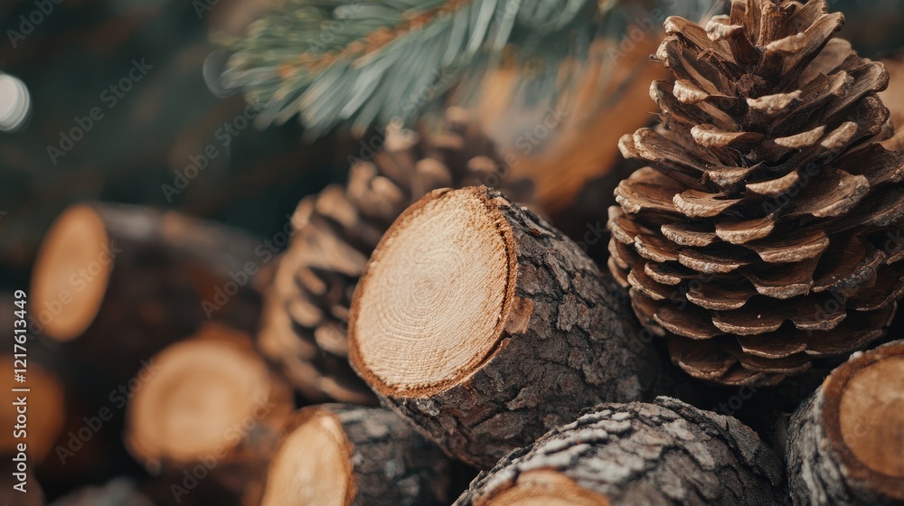 Poster close-up of stacked logs and pine cones with greenery in background featuring natural textures and w