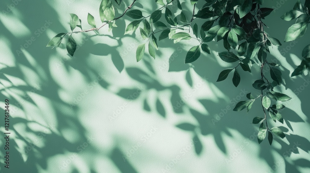 Poster leafy branch casting shadows on a green wall with soft natural light and ample copy space for design