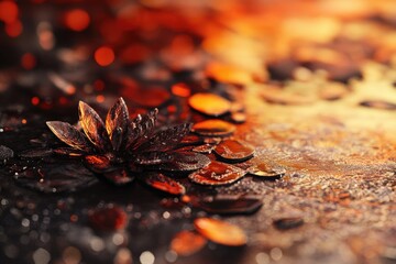 Dark, fiery flower blooms on a bed of glistening, orange and black petals, bokeh background.