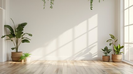 A large empty room with a white wall and a window. There are two potted plants, one on the left and one on the right, and a few more potted plants in the room. The room has a clean. AI generated.