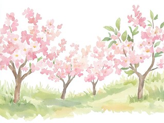 Blossoming cherry trees in a serene landscape nature watercolor illustration spring vibes peaceful atmosphere