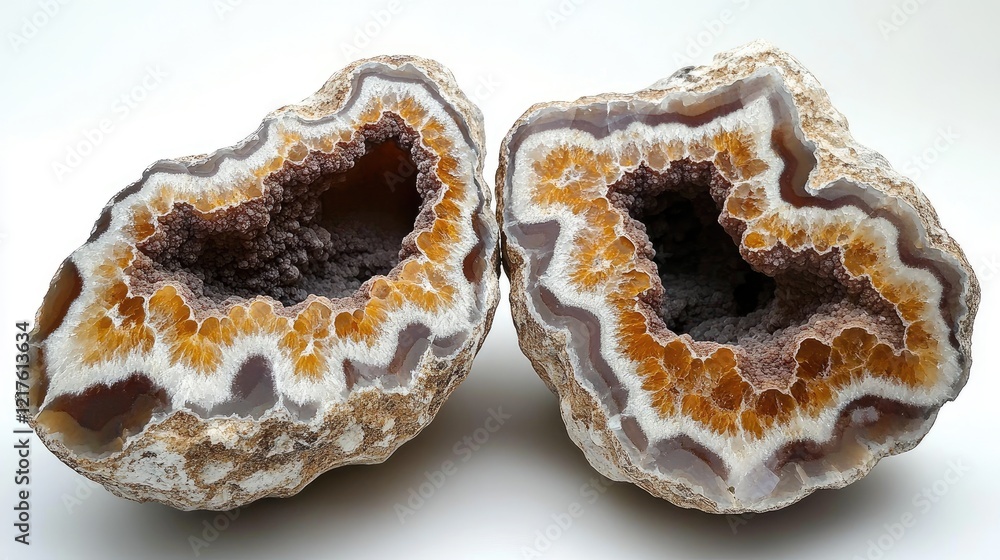 Poster brown and white agate geode cut in half showcasing intricate mineral patterns with copy space for te